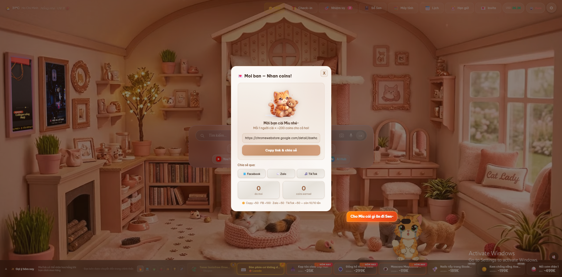 Popup Mời bạn nhận coins — Mỗi 1 người cài = +200 coins cho cả 2, share Facebook/Zalo/TikTok