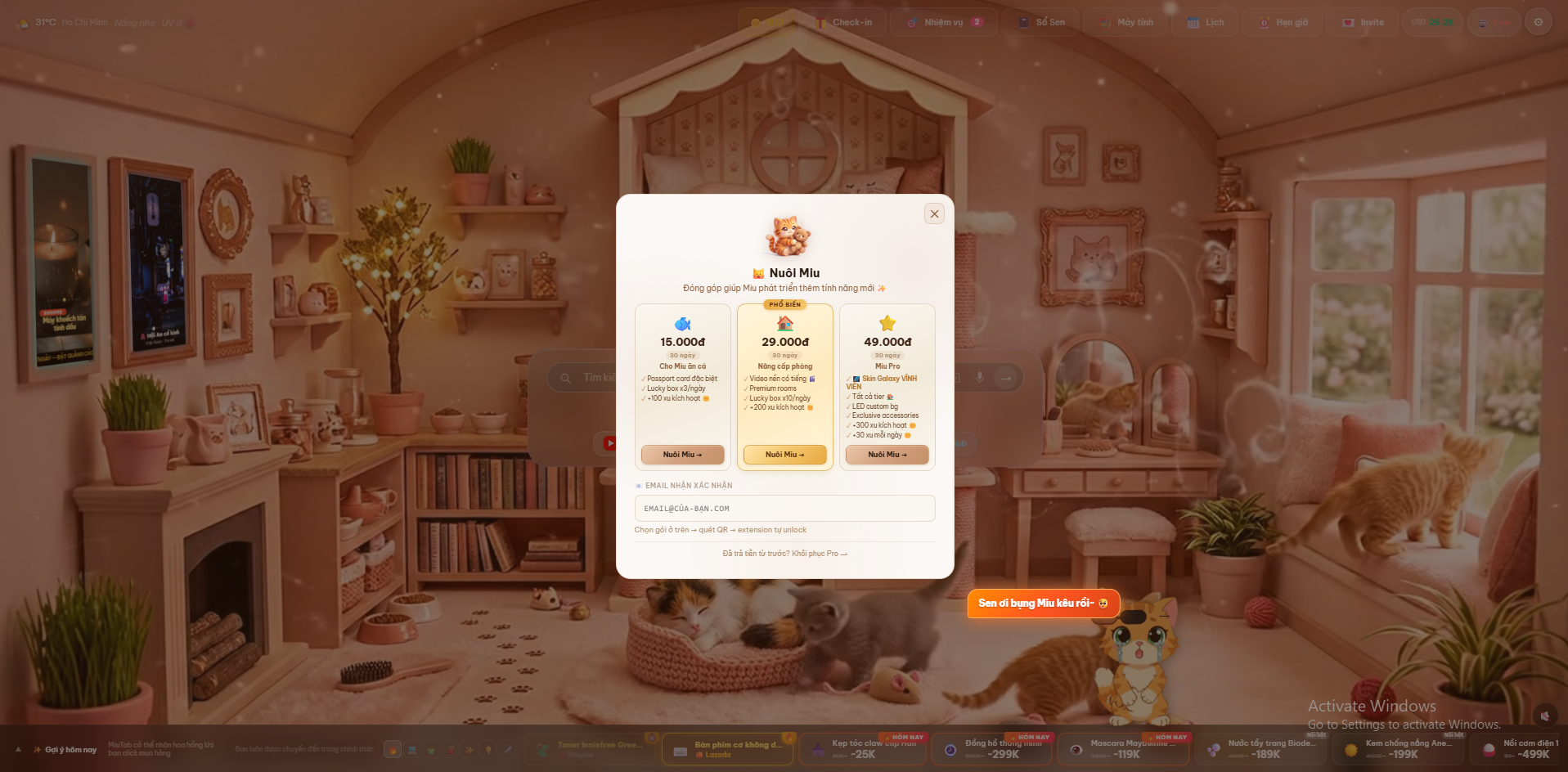Popup Nuôi Miu — 3 gói donate 15k/29k/49k với form email và QR payOS