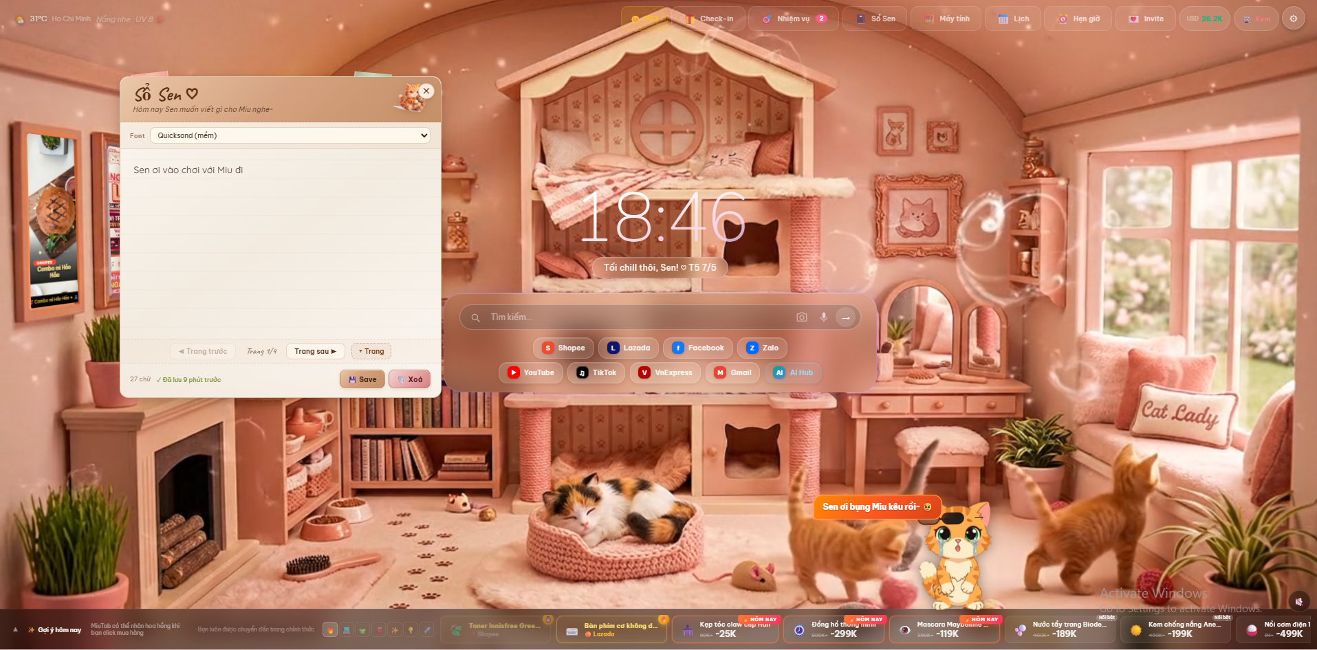 Sổ Sen — notebook floating mở trang 1/4 với font Quicksand mềm, đang viết 'Sen ơi vào chơi với Miu đi'